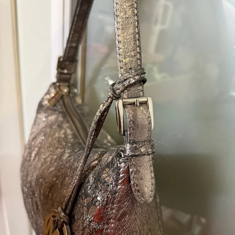 Michael Kors Leather Silver Metallic Shoulder Bag with MK Charm